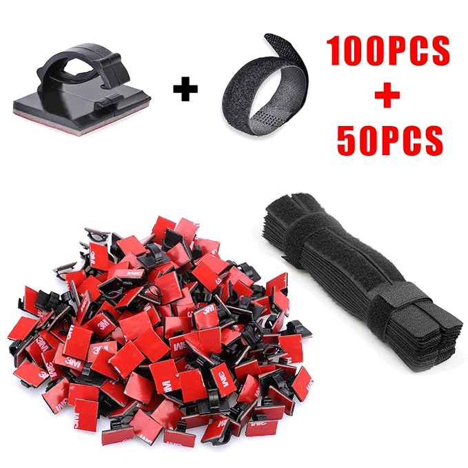 Cable Clips y Tiras de Velcro para Organizar Cables - Rantizon 100pcs Clips de Cable Autoadhesivos + 50pcs Nylon Velcro Cable Lazo Tira, Cable Tiras de Ajustable Reutilizable, 3M Pinzas para Cables