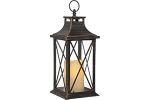YAKii 14" Decorative Candle Lantern LED Flameless Candle Timer, Plastic LED Candle & Holder, Indoor & Outdoor Hanging Lights,Christmas Day Decoration (Antique Copper Brushed)
