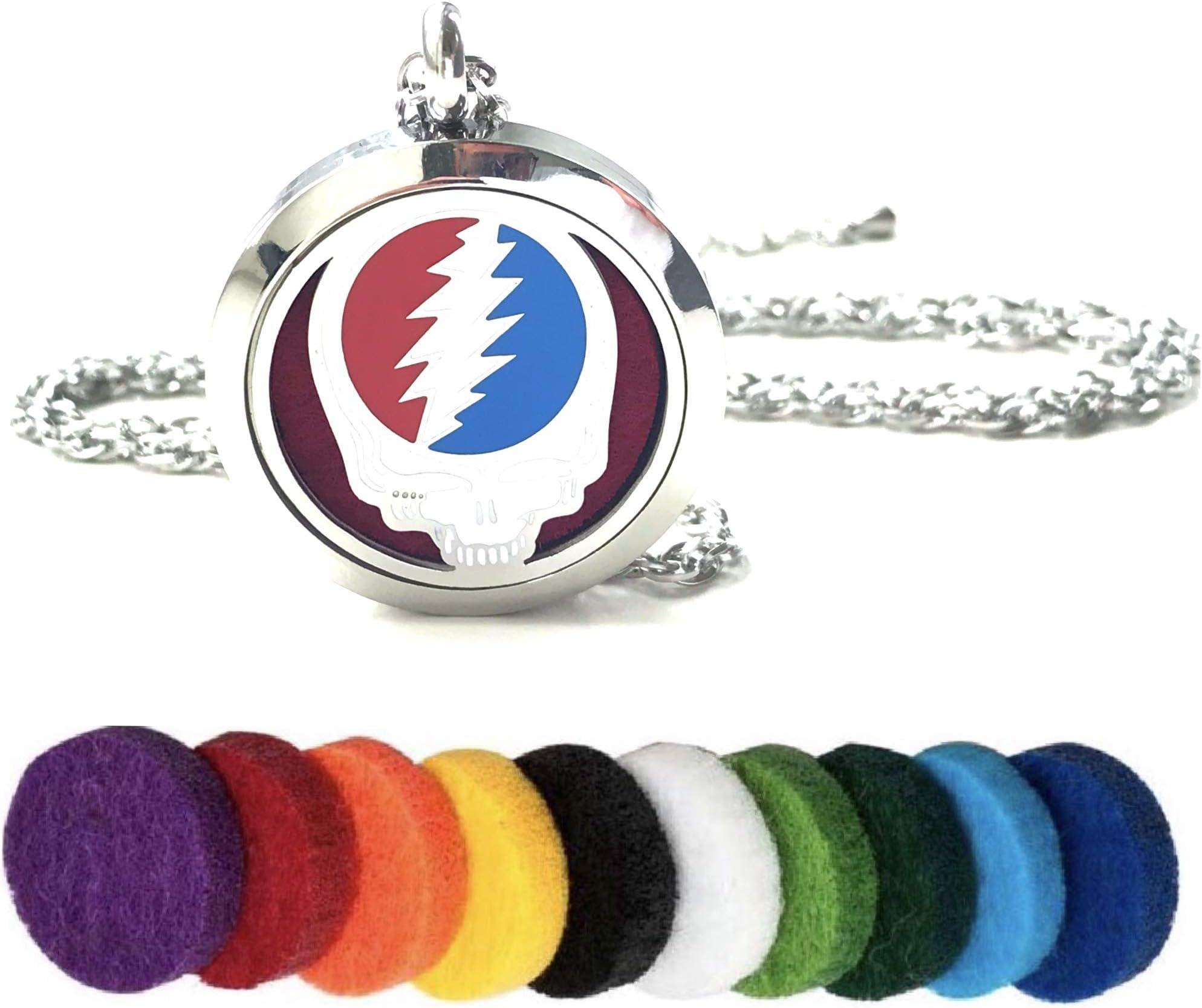 FIKA Grateful Dead Lightning Skull Steal Your Face Air Freshener Diffuser Necklace Locket Aromatherapy Essential Oil Great for Travel Pads (Necklace)