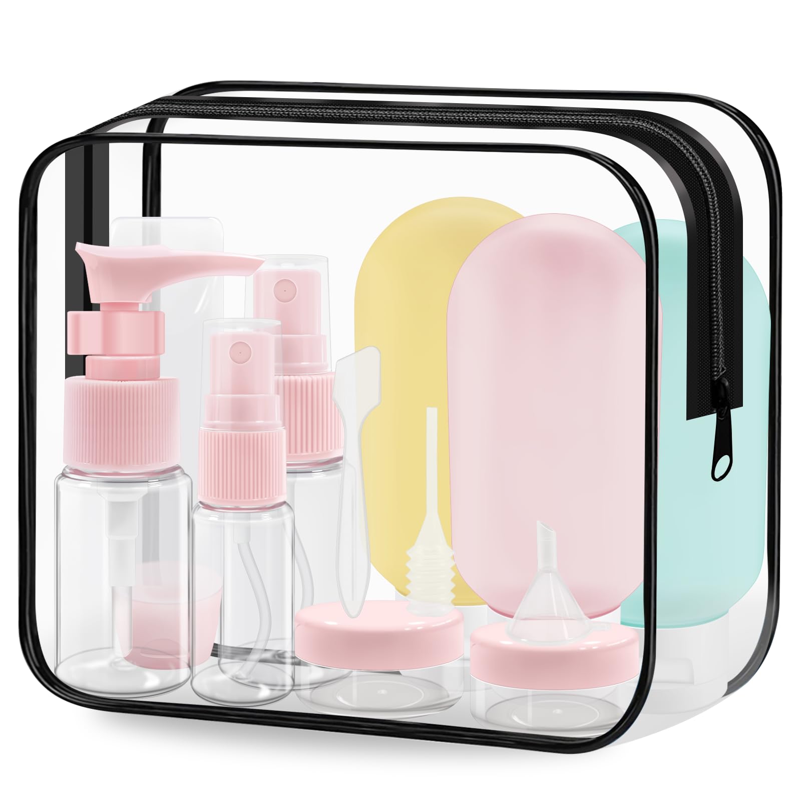 Travel Bottles Set for Toiletries, 14PCS Leakproof Travel Size Container, Refillable Liquid Empty Containers with Bag, Squeezable Makeup Pots with Label for Shampoo, Conditioner, Lotion, Toiletries
