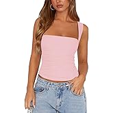 Womens Square Neck Tank Top Mesh Side Ruched Double Lined Y2k Trendy Going Out Tops Summer Basics Clothes