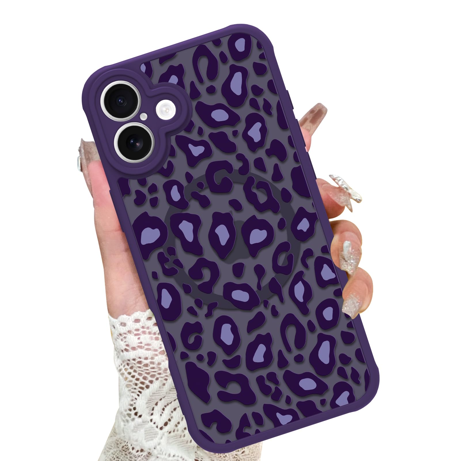 KANGHAR Case for iPhone 16 Purple Leopard Printed Pattern Cute Cheetah [Compatible with Magsafe] Protective Magnetic Case for Girls Women 6.1"