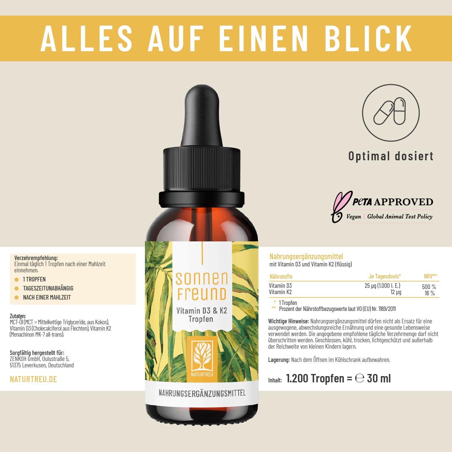 NATURTREU® Vitamin D3 K2 Tropfen hochdosiert & vegan - 100% pflanzlich (ohne tierisches Lanolin) - 1000IE Vitamin D + Vitamin K2 - Sonnenfreund 2