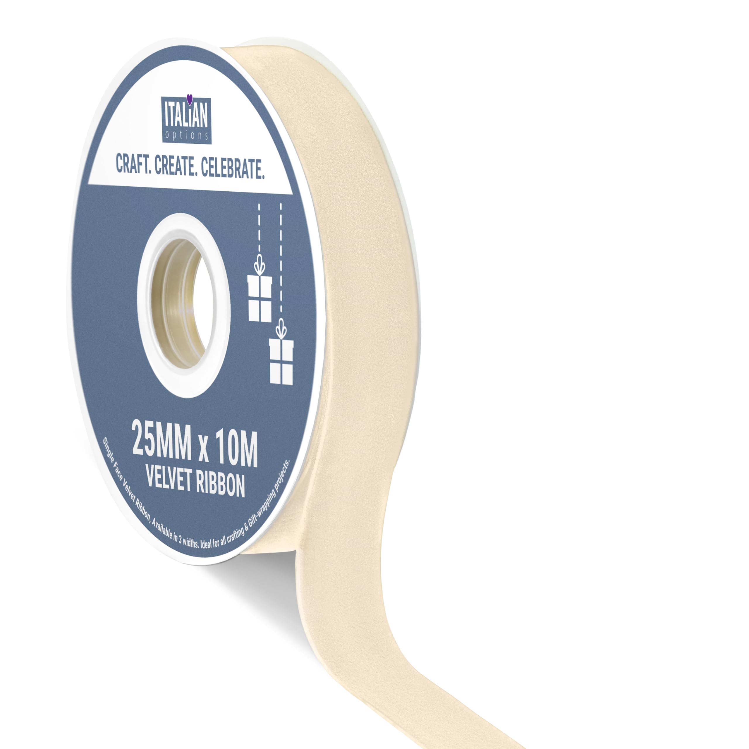 Italian Options Velvet Ribbon, Luxury, Single-Face Velvet Ribbon for Crafting, Christmas, Bows, Hair, Cakes, Weddings, Ornaments, Gift Wrapping, Flowers, 25mm 10 Metre Roll, Champagne