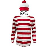 MEDEJU Waldo Red and White Striped Shirt Adult Men Women's Halloween Cosplay Costumes Funny Sweatshirt Outfit Glasses Suits