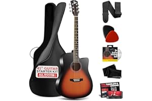 Pyle Steel String Acoustic Guitar Kit, 4/4 Full Size Cutaway All-Wood Guitarra Acustica with Premium Accessory Set and Upgraded Gig Bag, 41" Sunburst Teardrop Matte