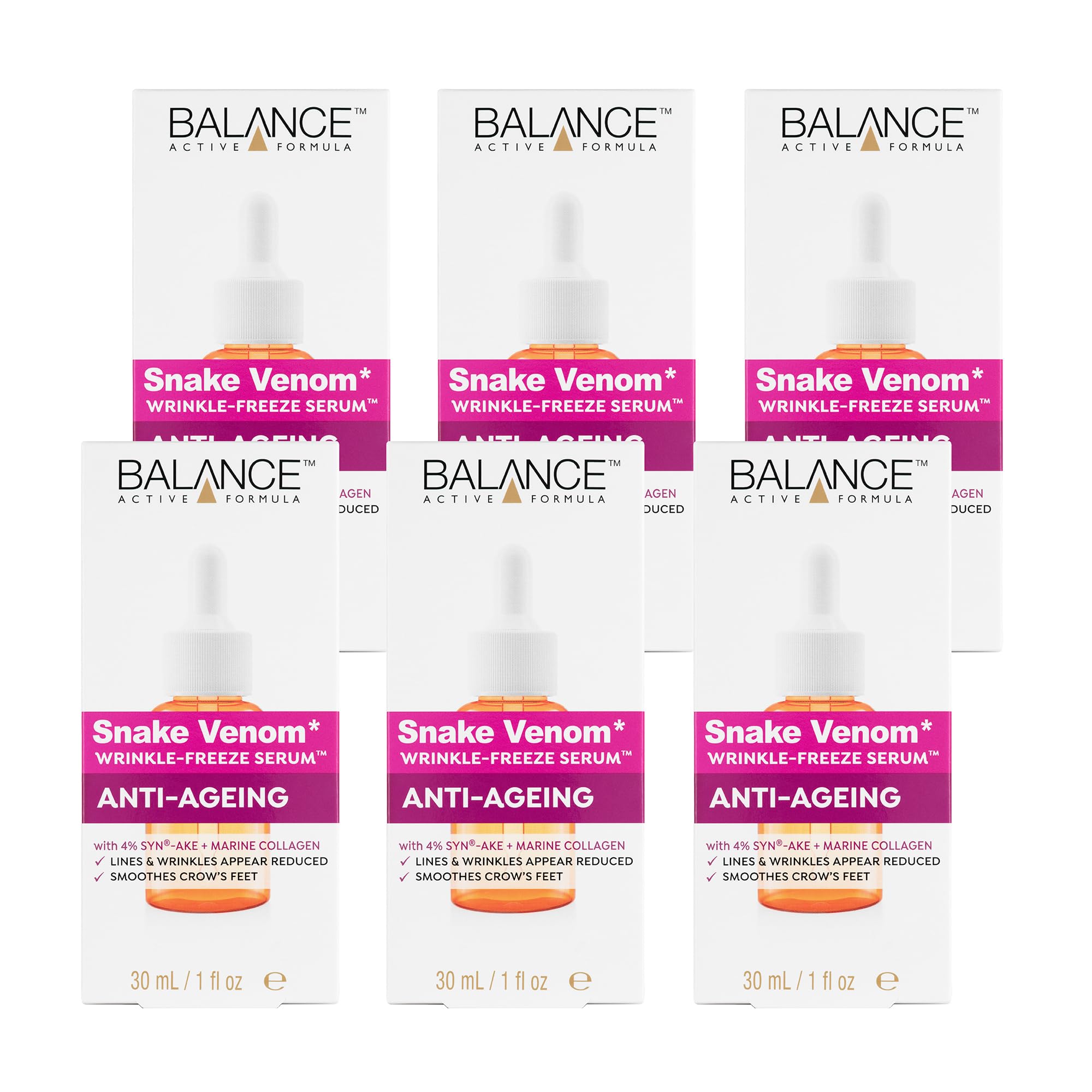 Balance Active Formula 6 x 30ml Multipack of Snake Venom Anti-Ageing Wrinkle-Freeze Serum, To Reduce Lines & Wrinkles, Smooth Appearance of Crow's Feet, Dermatologically Tested, Vegan & Cruelty Free