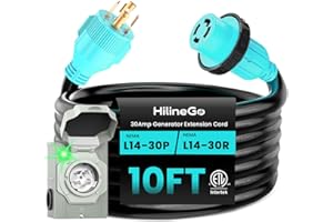 HILINEGO 30 Amp Generator Cord 10FT and Pre-Drilled Power Inlet Box, Heavy Duty NEMA L14-30P/L14-30R Extension Cord, 125/250V 7500W Twist Lock Connector with Inlet Box for Generator to House, ETL Listed