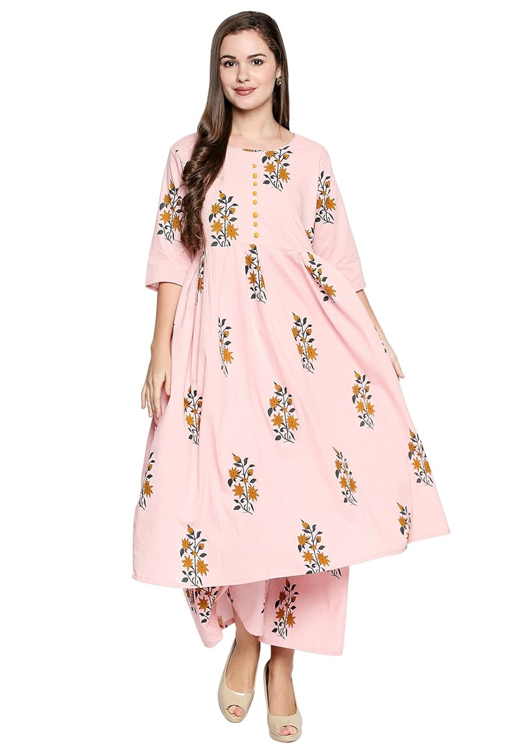 ishin cotton pink printed anarkali calf length 3/4th sleeves women's kurta & palazzos set