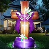 8 Ft Easter Inflatable Cross Outdoor Decoration, Blow Up He is Risen Yard Decorations with Built-in LED Lights Easter Party Decor Yard Garden Lawn Indoor Outdoor Home