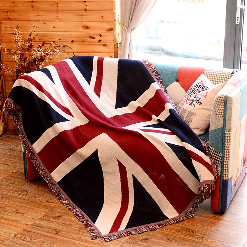 IBLUELOVER Reversible Cotton Throw Blanket Tassels Knitted Throw Blanket Sofa Chair Cover Soft Warm Couch Blanket Union Jack Flag Throw for Bed Couch Sofa, 130x170cm,Machine Washable