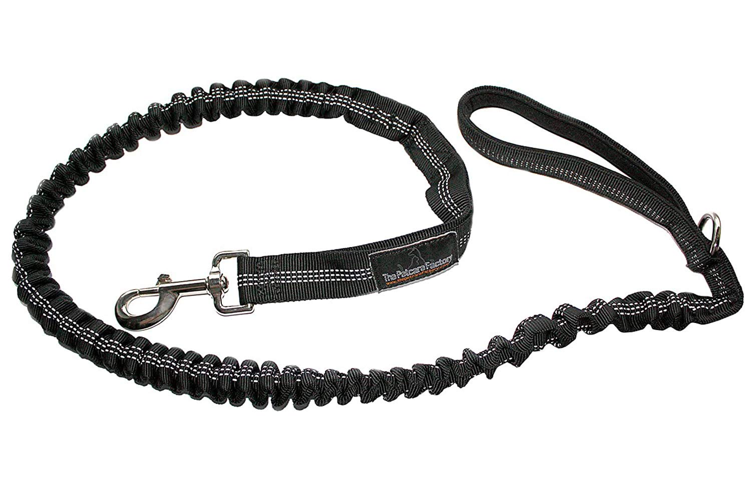 The Petcare Factory Premium Bungee Dog Lead Dual Handled Bungee Shock Absorbing Lead (Black) - Tough Waterproof Nylon Webbing With Reflective Stitching - Dual Handles for Normal & Close Control