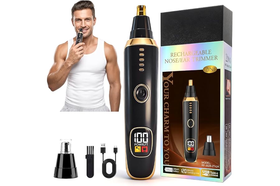 Beanify Nose & Ear Hair Trimmer with LED Display for Men and Women, 2026 USB Rechargeable Facial Trimmer Clipper for Easy Cleansing, Portable Painless Grooming Kit,Gift Box Included (Black Gold)