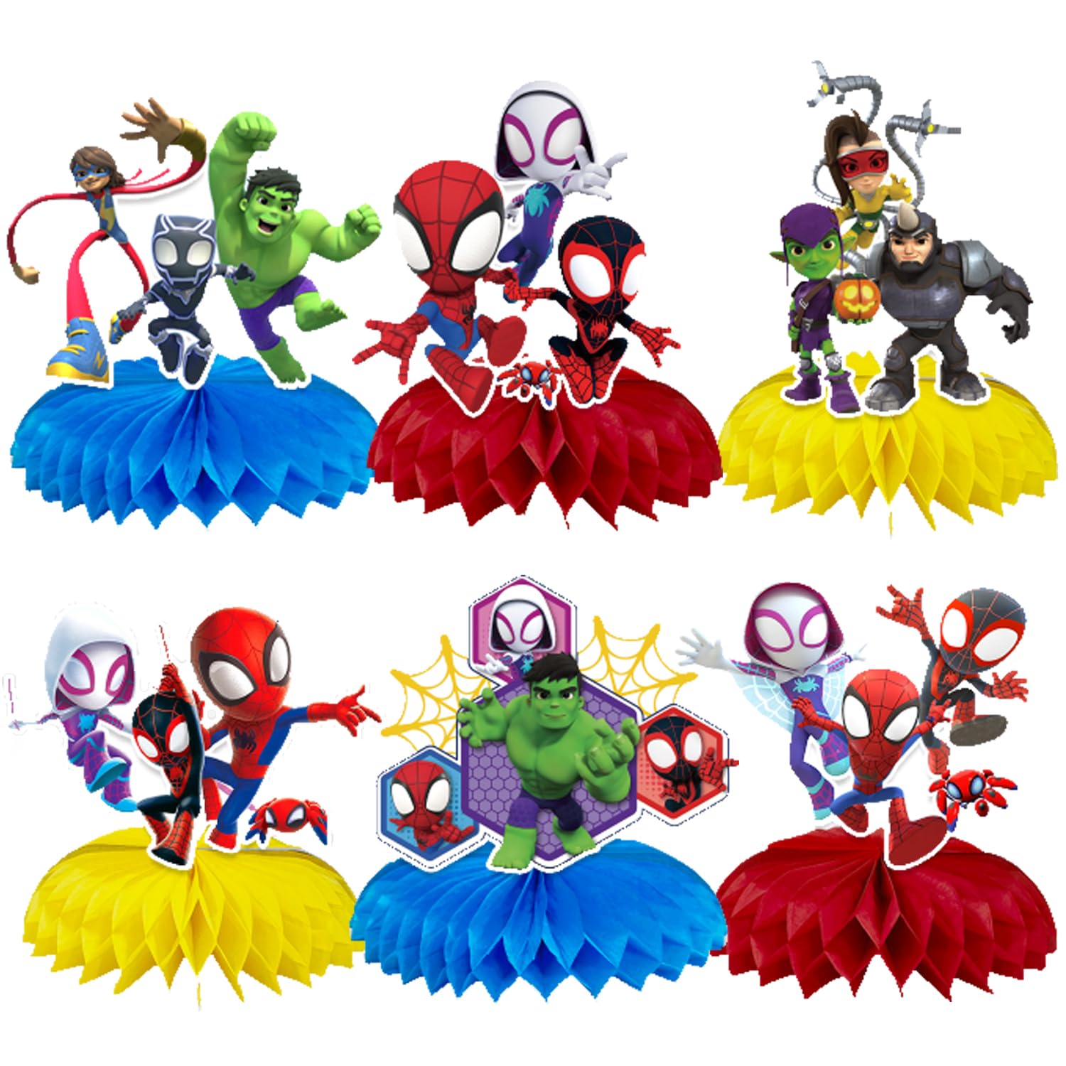 Photo 1 of 6pc spidy Party Supplies Set - Honeycomb Centerpieces & Double Sided Table Toppers for Birthday Party Decoration