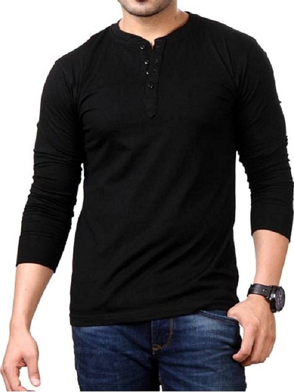 zembo_men's black cotton henley full sleeve t-shirt