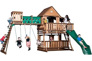 Backyard Discovery Woodridge Elite All Cedar Wood Swing Set, Upper and Lower Deck, Sandbox, Vented Tunnel, Rock Climbing Wall, Coated Rope Belted Swings, Acrobat Bar, Bench Seating, 10 ft Slide