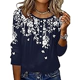 Zeagoo 3/4 Length Sleeve Womens Tops Round Neck Casual Summer Tunic Tops Basic Tees Blouses Dressy T-Shirts Pleated Shirts