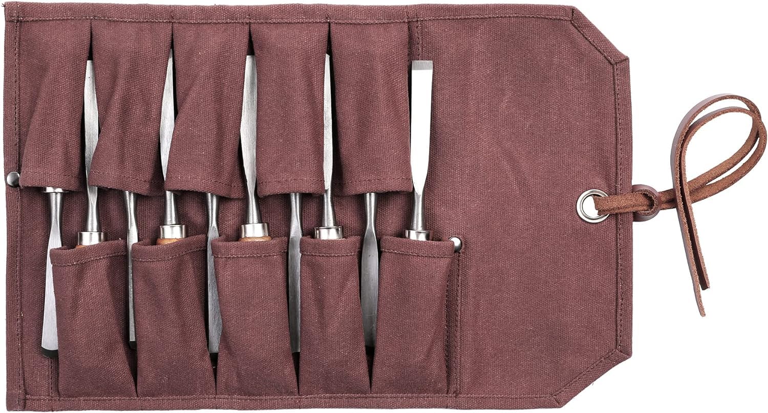 Heavy Duty Waxed Canvas Chisel Roll Bag, Multi-function Tool Bag with 10 Staggered Pockets, Leather Rope
