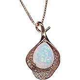 Fire Opal Necklace - Rose gold @ Sterling Silver Teardrop Opal Pendant Simple Petal Flower Pendant