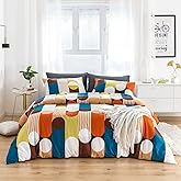 SUSYBAO Colorful Polka Dots Duvet Cover King 100% Cotton 3 Pieces Set 1 Blue and White Striped Duvet Cover with Zipper Ties 2 Pillowcases Brown Circle Geometric Bedding Set Soft Breathable