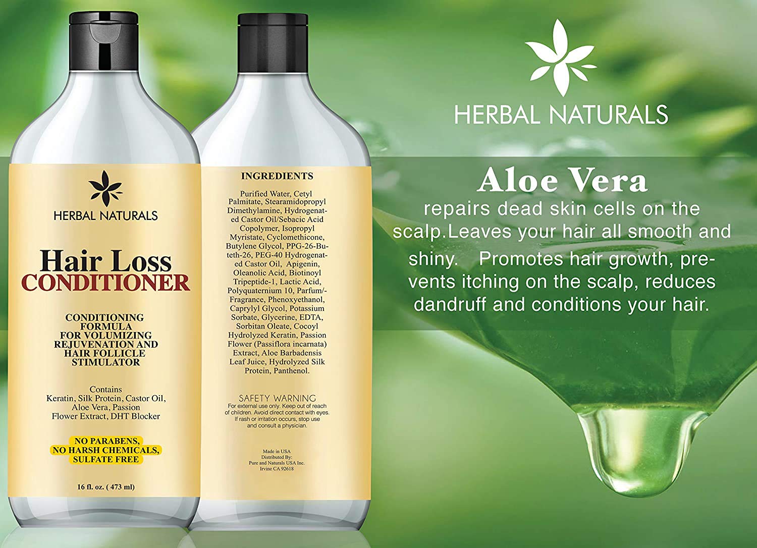 Herbal Naturals Hair Loss Conditioner Infused with Keratin, Natural Ingredients - Provides Hair Growth Stimulation, Hair Thickening, Nourishment and adds Volume, For All Hair Types Men and Women 16 fl Oz: Beauty