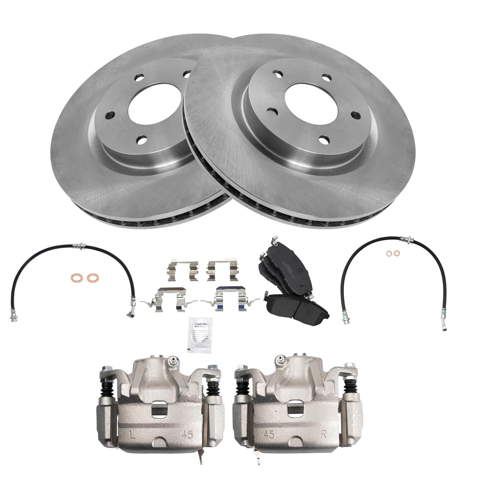 TRQ Front Brake Pad and Rotor Set Ceramic Calipers Hoses Compatible with 2011-2012 Nissan Sentra SE-R Image