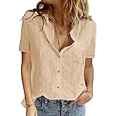 Jyanl Womens Button Down Shirts Cotton Summer Tops V Neck Short Sleeve Shirt Collar Blouse Casual Plain Tshirt Work Tops 2026