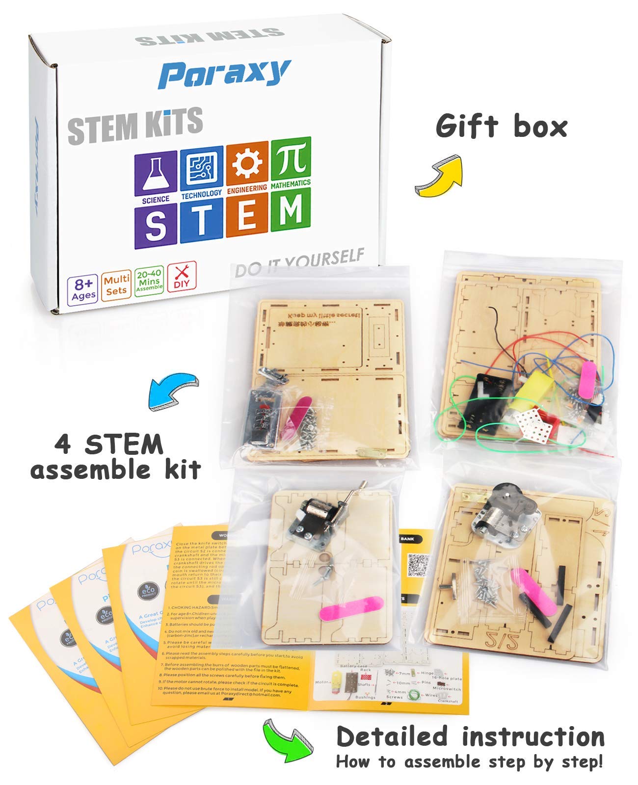 Poraxy 4 Set STEM Kits for Kids Ages 8-10 10-12, Toys for Ages 8-13, Music Box, Robot 3D Puzzle Educational Science Building Projects Crafts, Birthday Gifts for Boys Girls 7 8 9 10 11 12 13 Year Old