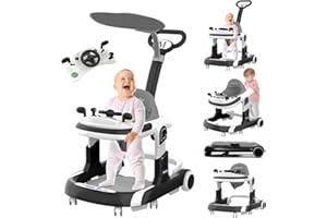 PIONEVOX Baby Walker, 5 Modes Foldable Baby Walker with Wheels, Music, 4-Height Baby Toddler Walker with Push Handle, Baby Bouncer, Food Tray, Sunshade, Baby Walkers for Babies 6-12 Months Boys Girls (Black)