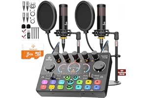 SQUAROCKTEK Podcast Equipment Bundle for 2, RGB Mixer with Premium 48V XLR Condenser Microphone Micro-SD card, Surround Sound, for Live Streaming/TikTok/YouTube, Compatible with iOS,Android,PC,Camera RS2i2