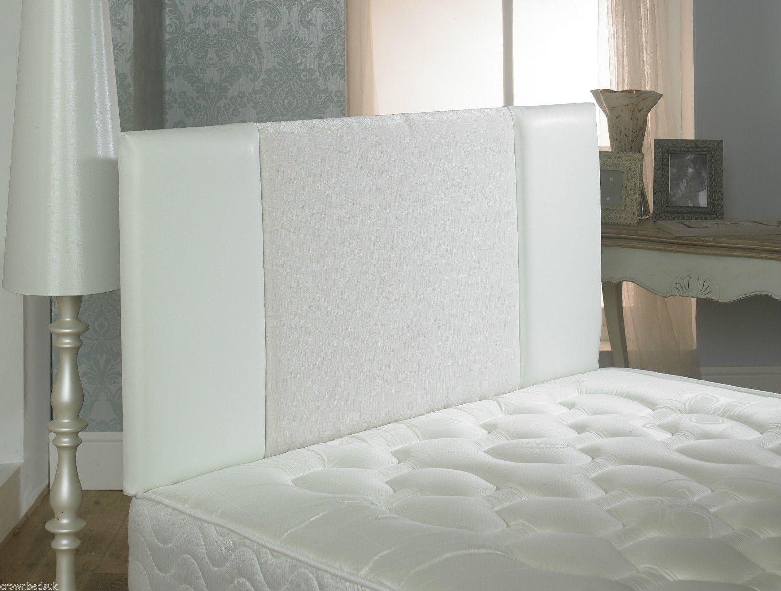 CROWNBEDSUK QUALITY OSLO FAUX LEATHER & CHENILLE HEADBOARD IN 2ft6,3ft,4ft,4ft6,5ft,6ft (4FT6 DOUBLE, White)