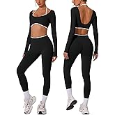 OMEWEE Workout sets for women Long Sleeve Adjustable halter strap Crop Top and Anti-squat Pants for gym,Yoga,Pilates