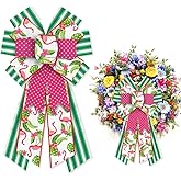 Hying Large Summer Bows for Wreath, Spring Summer Wreath Bows Green Stripes Bows Pink Burlap Bow Flamingo Farmhouse Craft Bows for Front Door Summer Birthday Party Decorations Supplies