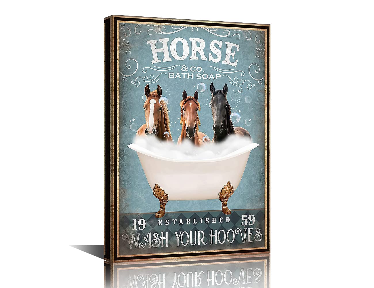 Fun Horse Canvas Framed Poster Decor, Wall Art Horse Stuff, Bathtub Decor - 18" W x12" H Ready to Hang
