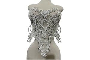 ZBROH Handmade red/Blue/Gold/Green Rhinestones lace Bodice Applique Sewing Beads Crystal Trim Patches Accessory for Dress Clothes (White)