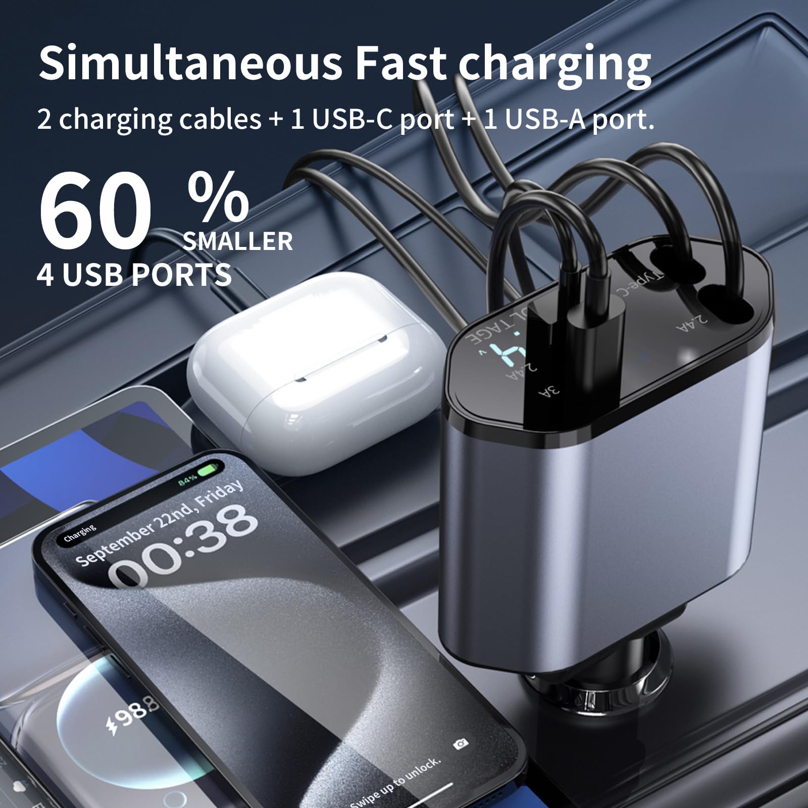 YAOKEEP 120W Fast Charging Retractable Car Charger 4 in 1. 180°Rotation Car Phone Charger with 31.5