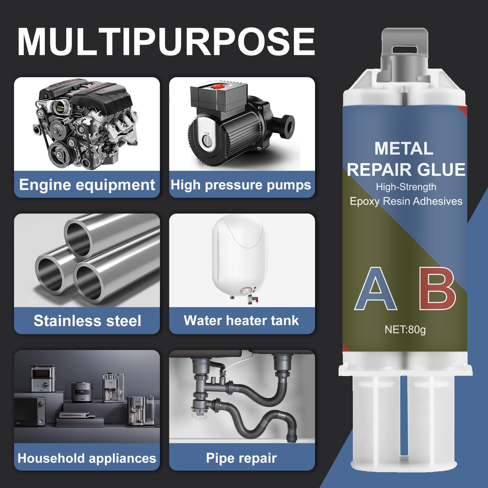 160g Metallkleber, 2 Komponenten Epoxidharz Kleber Extra Stark Metallkleber zur Verklebung von Metall, Edelstahl, Holz, Keramik - Flüssigmetall Schweißkleber zum Reparieren, Gusseisen 6