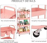 JIUYOTREE 4-Tier Plastic Rolling Storage Cart Pink with Lockable Wheels view 7