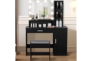 usikey Makeup Vanity Desk with Mirror and Lights, Vanity Desk Set with 1 Drawer, 1 Cabinet & 3 Shelves, Makeup Vanity Table with Stool for Bedroom, Black