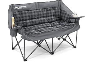 HUSKFIRM Double Camping Chairs Padded Loveseat Chair for 2 Person - Heavy Duty Oversized Camping Couch for Adults Outdoor Lawn Beach - Portable Folding Sofa with Cup Holders and Carry Bag, Grey