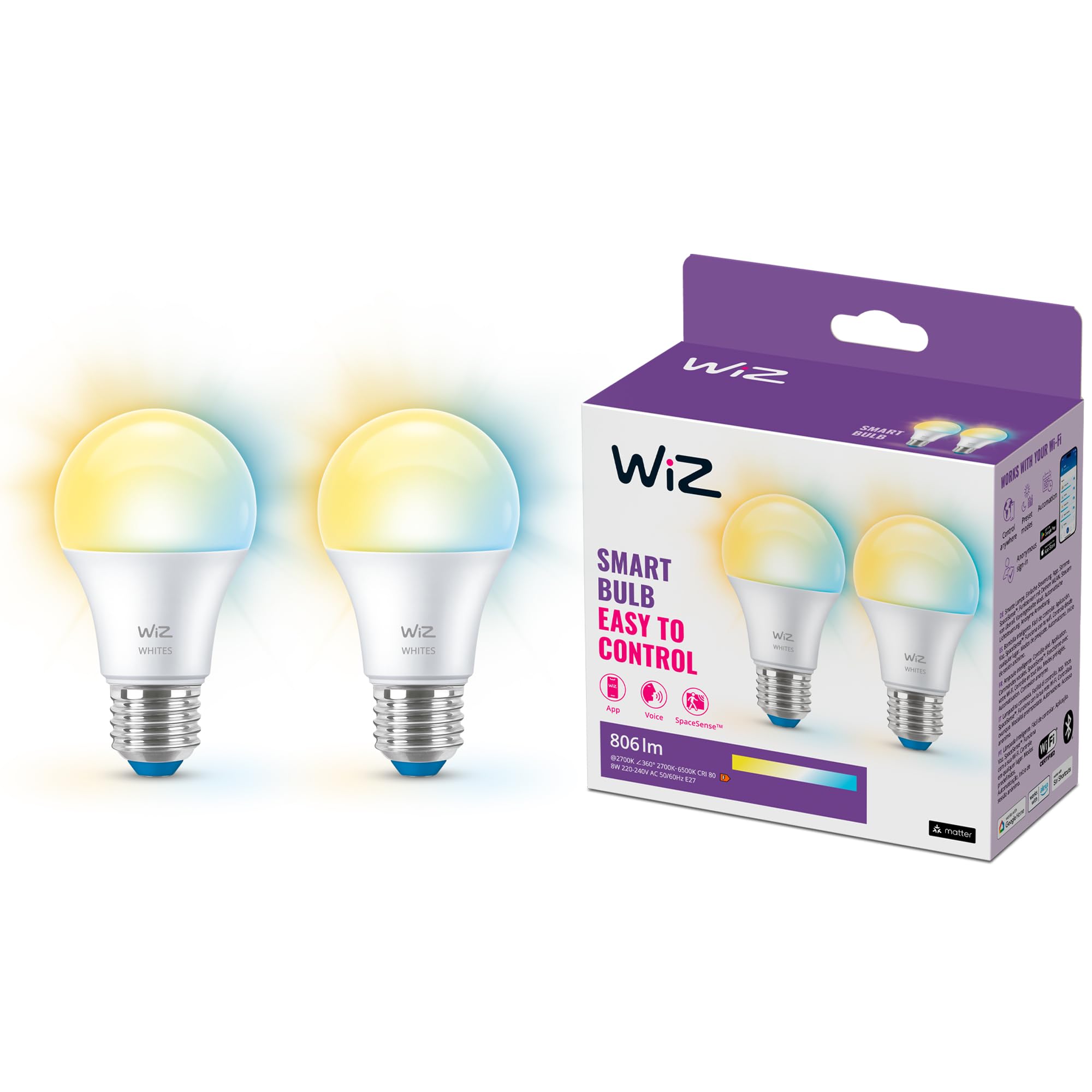 WiZ Smart Bulb, E27, 60W, Shades of White, Smart LED Connected WiFi Works with Alexa, Google Assistant & HomeKit, App Control for Home Indoor Lighting, Livingroom, Bedroom, Energy Monitoring, 2 Pack