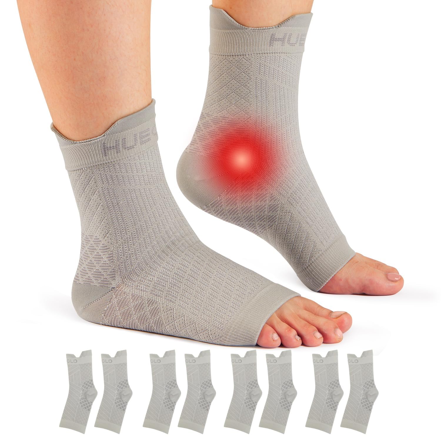 HUEGLO 4 Pairs Compression Socks For Women Men Neuropathy Plantar Fasciitis Socks Ankle Support Brace Breathable Anti-Slip Foot Support (Grey, L)