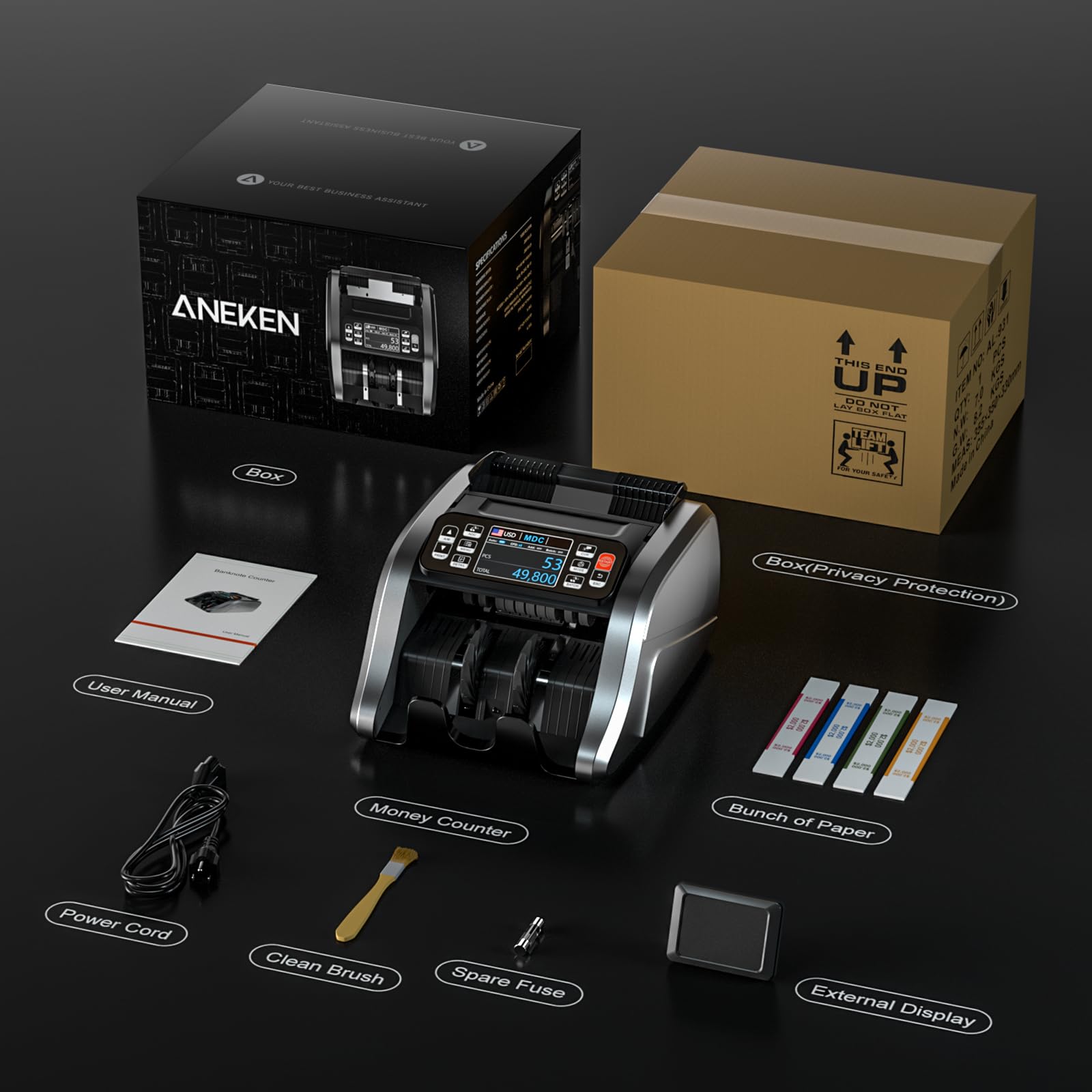 Aneken N60 Mixed Denomination Money Counter Machine, Value Counting, UV/MG/IR/DD Counterfeit Detection, 3.5