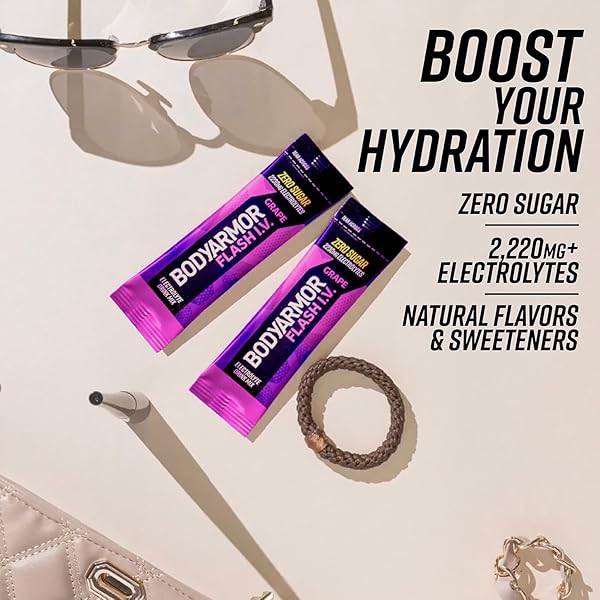 BODYARMOR FLASH IV ELECTROLYTE PACKETS, GRAPE – ZERO SUGAR DRINK MIX, SINGLE SERVE PACKS, COCONUT WATER POWDER, HYDRATION FOR WORKOUT, TRAVEL ESSENTIALS, JUST ADD STICKS TO LIQUID (15 COUNT)