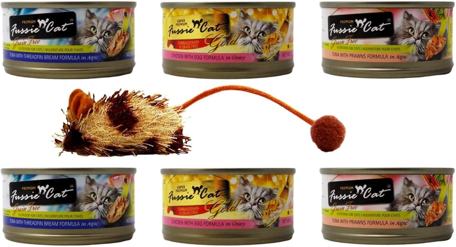 Fussie Cat Premium Grain Free Adult Cat 3 Flavor Variety 6 Can Bundle with Toy, 2 Each: Tuna Threadfin Bream, Chicken Egg, Tuna Prawns (2.82 Ounces)