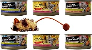 Fussie Cat Premium Grain Free Adult Cat 3 Flavor Variety 6 Can Bundle with Toy, 2 Each: Tuna Threadfin Bream, Chicken Egg, Tuna Prawns (2.82 Ounces)