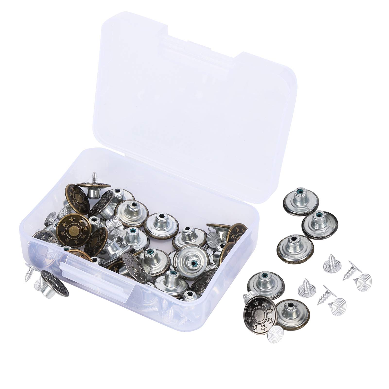 120Pcs Replacement Jean Buttons, Button for Sewing Metal Jeans, Combo Copper Tack Buttons Replacement Kit in Plastic Storage Box