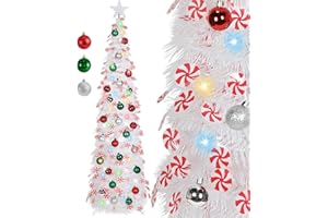 HMASYO 5 FT Pop Up Christmas Tree with Timer Lights and Decorations, White Tinsel Christmas Tree with Candy and 24 Balls Ornament, Collapsible Pencil Tree Xmas Decoration for Home, Office, Party