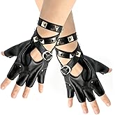 Fingerless Gloves for Women, Black PU Leather Punk Rock Gloves with Belt Up Closure and Rivet, Halloween Cosplay Half Finger Accessories, Suit for Biker Driving Motorcycle Gothic Glove, Teens, Kids
