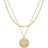 LOLAR RAY Layered Initial Necklace Set Gold Coin Disc CZ Initial Pendant 14K Gold Plated Dainty Water Ripple Link Chain Choker Necklace Personalized Jewelry Gift for Women Letter A-Z (B-1)